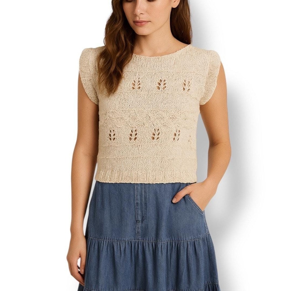 Handmade Linen Cotton Knit Vest Ruffled Sleeve Open Weave Boho Rustic Cottage